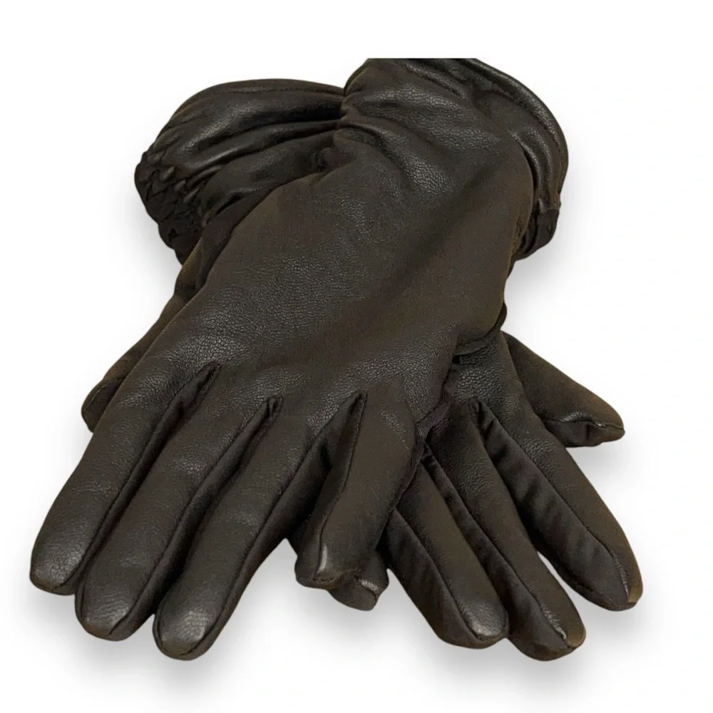 WOMENS BLACK FAUX LEATHER GLOVES TEXTING FINGER TIPS STRETCH CLASSIC